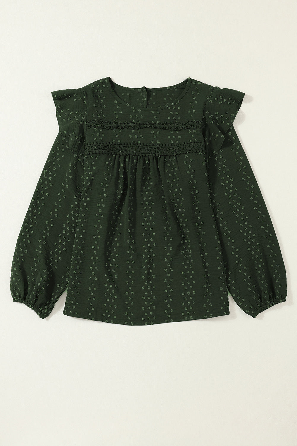 Blackish Green Lace Eyelet Ruffle Shoulder Long Sleeve Blouse