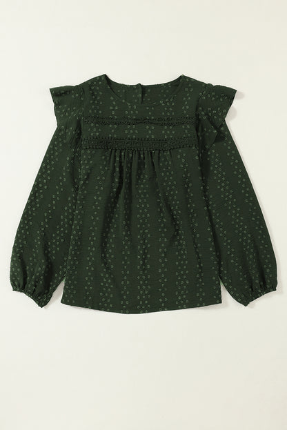 Blackish Green Lace Eyelet Ruffle Shoulder Long Sleeve Blouse