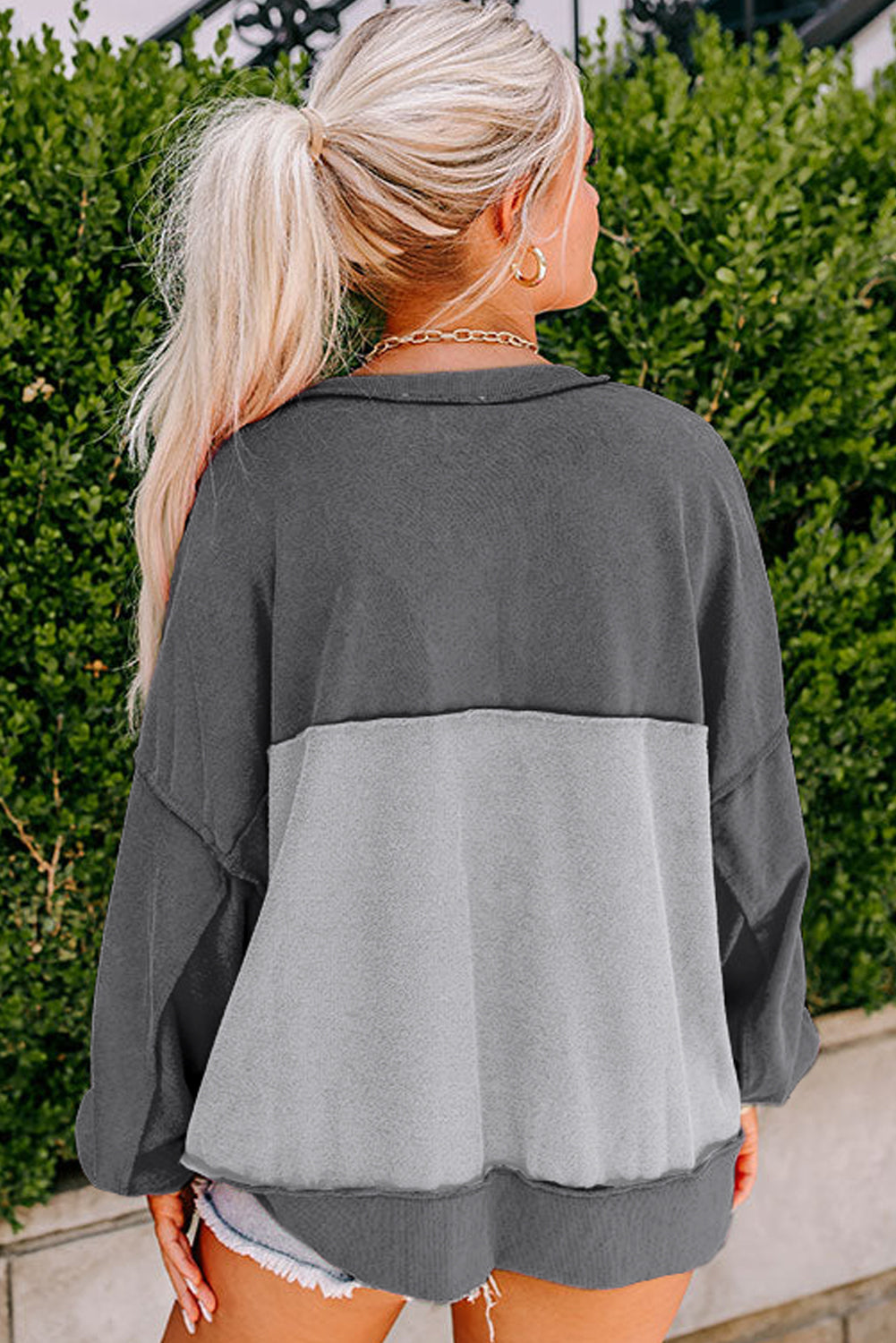 Black Drop Shoulder Henley Buttons Sweatshirt