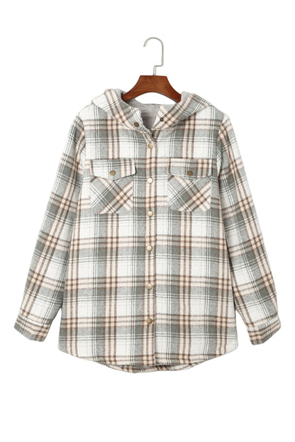 Orange Plaid Pattern Sherpa Lined Hooded Shacket