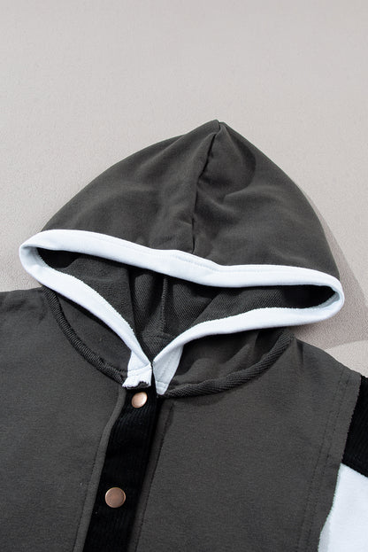 Gray Color Block Exposed Seam Buttoned Neckline Hoodie