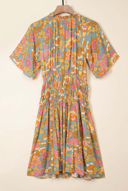 Sky Blue Floral Print Loose Fit Ruched V Neck Blouse