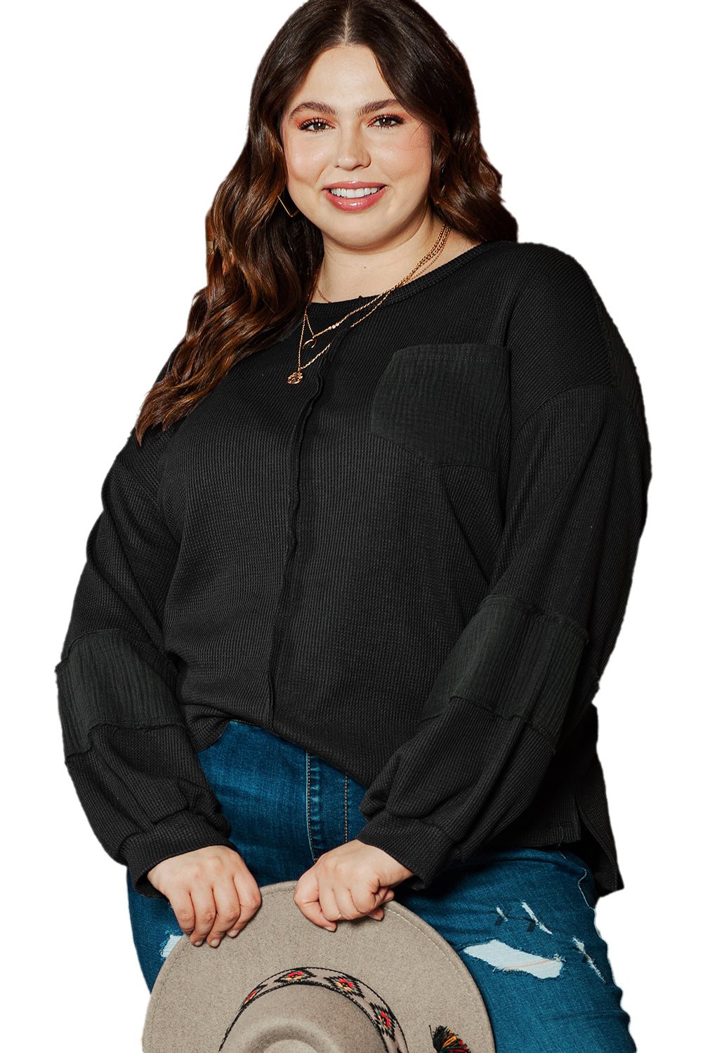 Gray Exposed Seam Patchwork Bubble Sleeve Waffle Knit Top