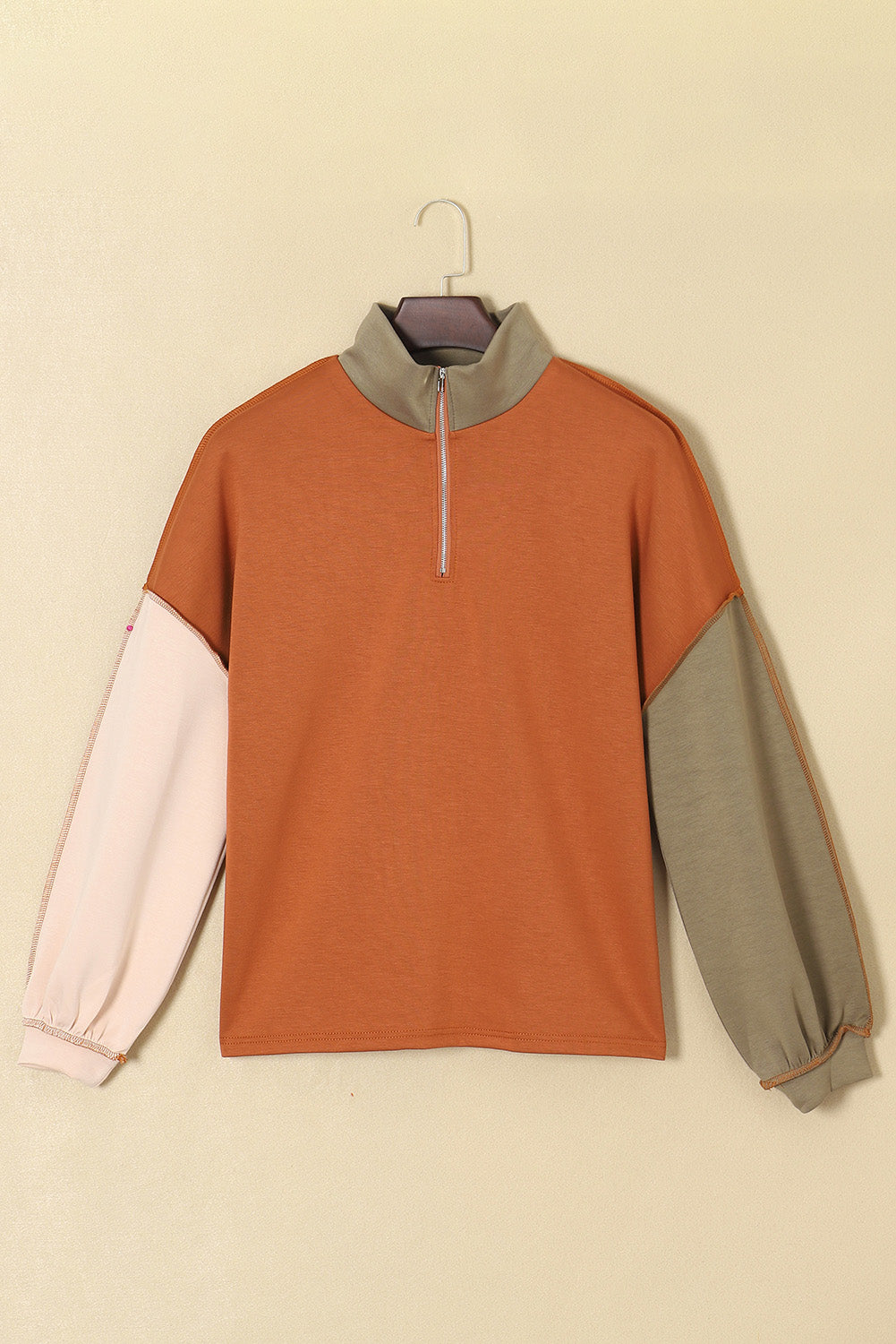 Khaki Exposed Seam Color Block Zipped Sweatshirt