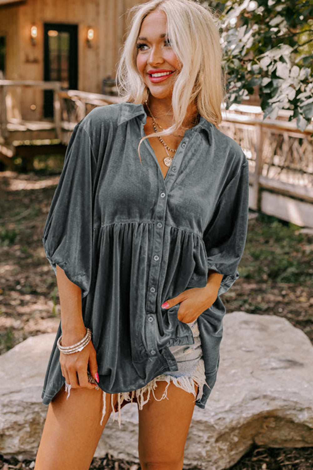 Pale Khaki 3/4 Sleeve Tunic Babydoll Velvet Shirt