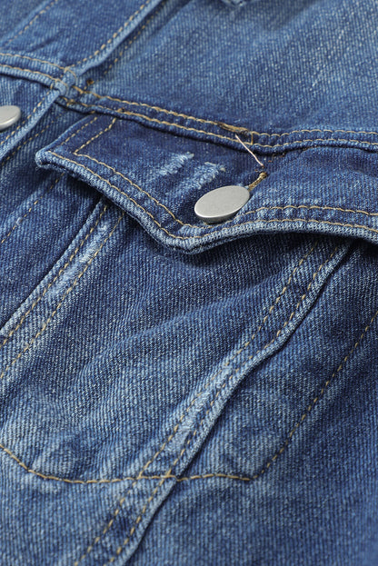 Dark Blue Plus Size Distressed Flap Pocket Denim Jacket