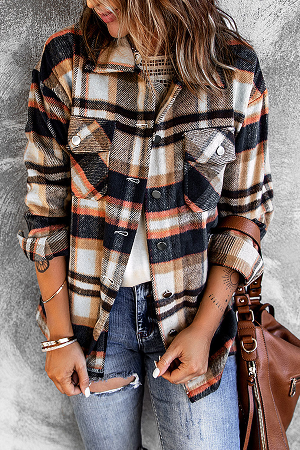 Navy Blue Plus Size Plaid Flap Pocket Shacket