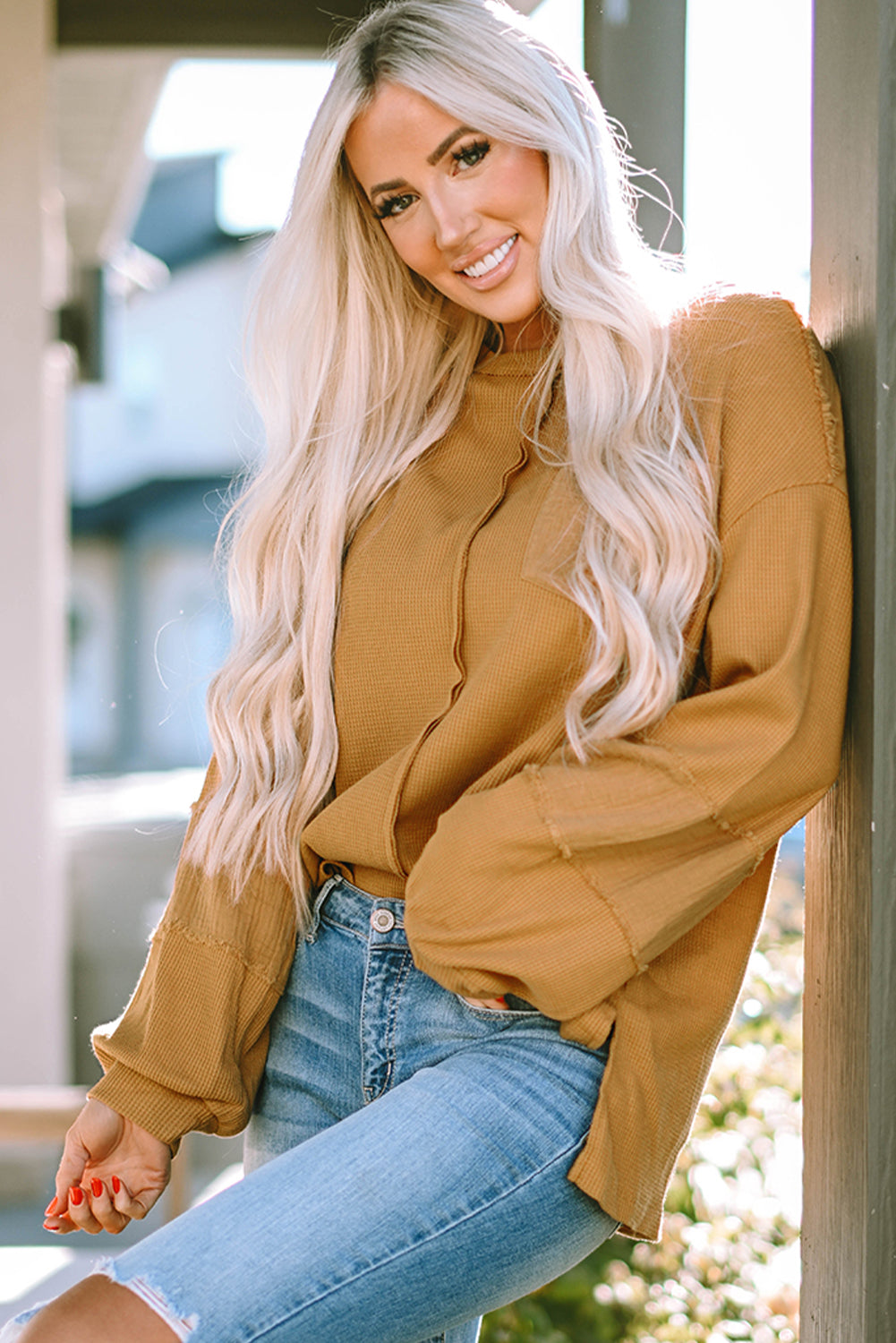 Gray Exposed Seam Patchwork Bubble Sleeve Waffle Knit Top