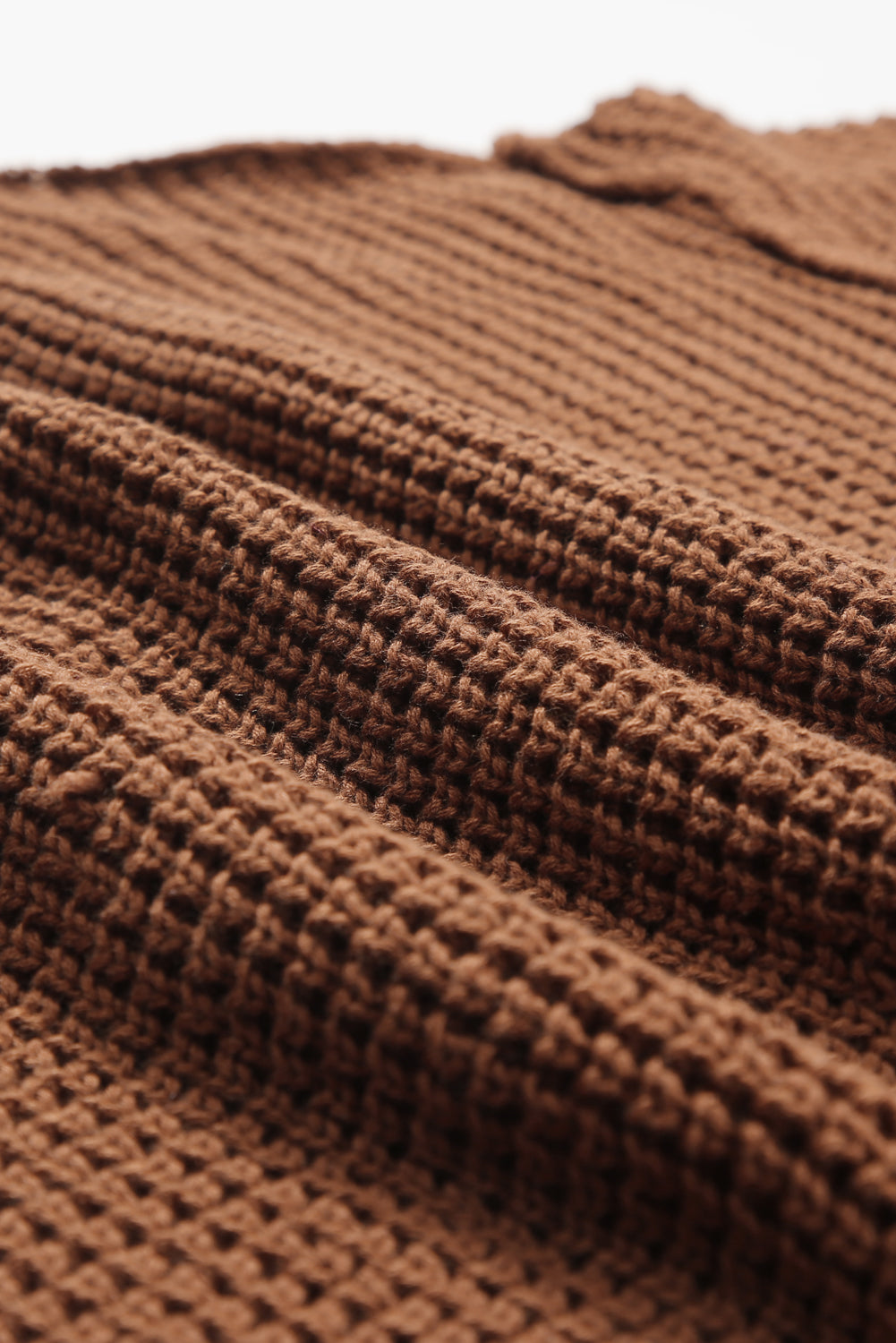 Khaki Pointelle Knit Button V Neck Drop Shoulder Sweater