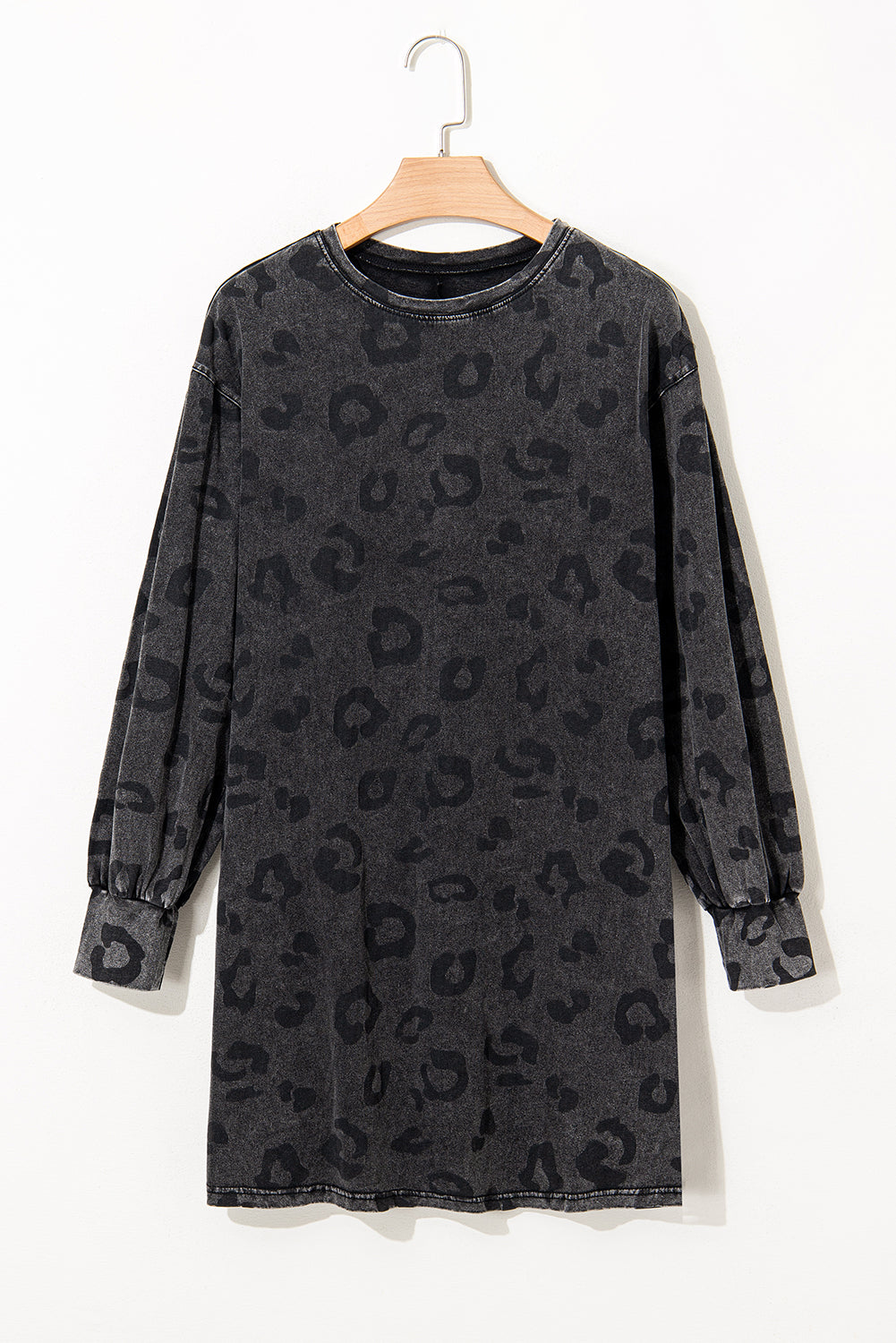 Gray Vintage Washed Leopard T-Shirt Dress with Pockets