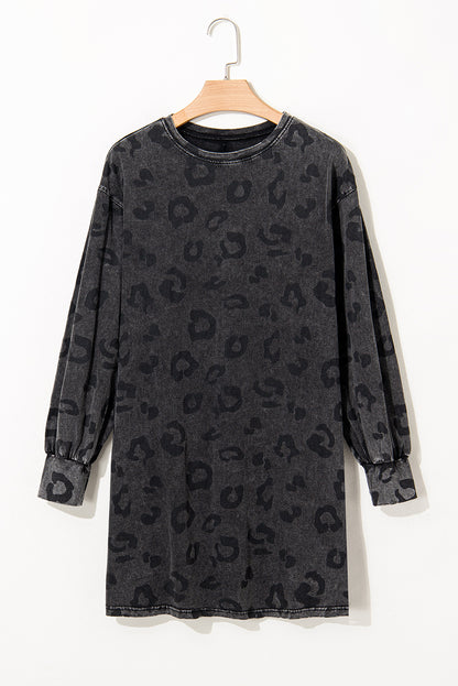 Gray Vintage Washed Leopard T-Shirt Dress with Pockets