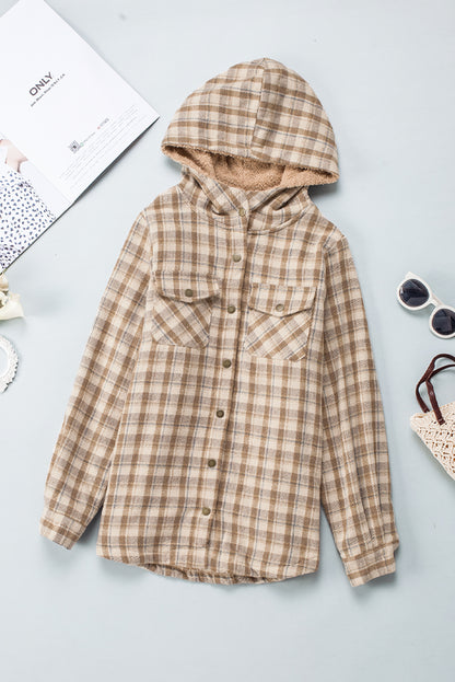 Orange Plaid Pattern Sherpa Lined Hooded Shacket