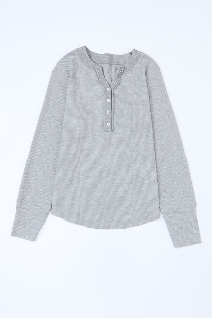 Black Trimmed Neckline Waffle Knit Henley Top