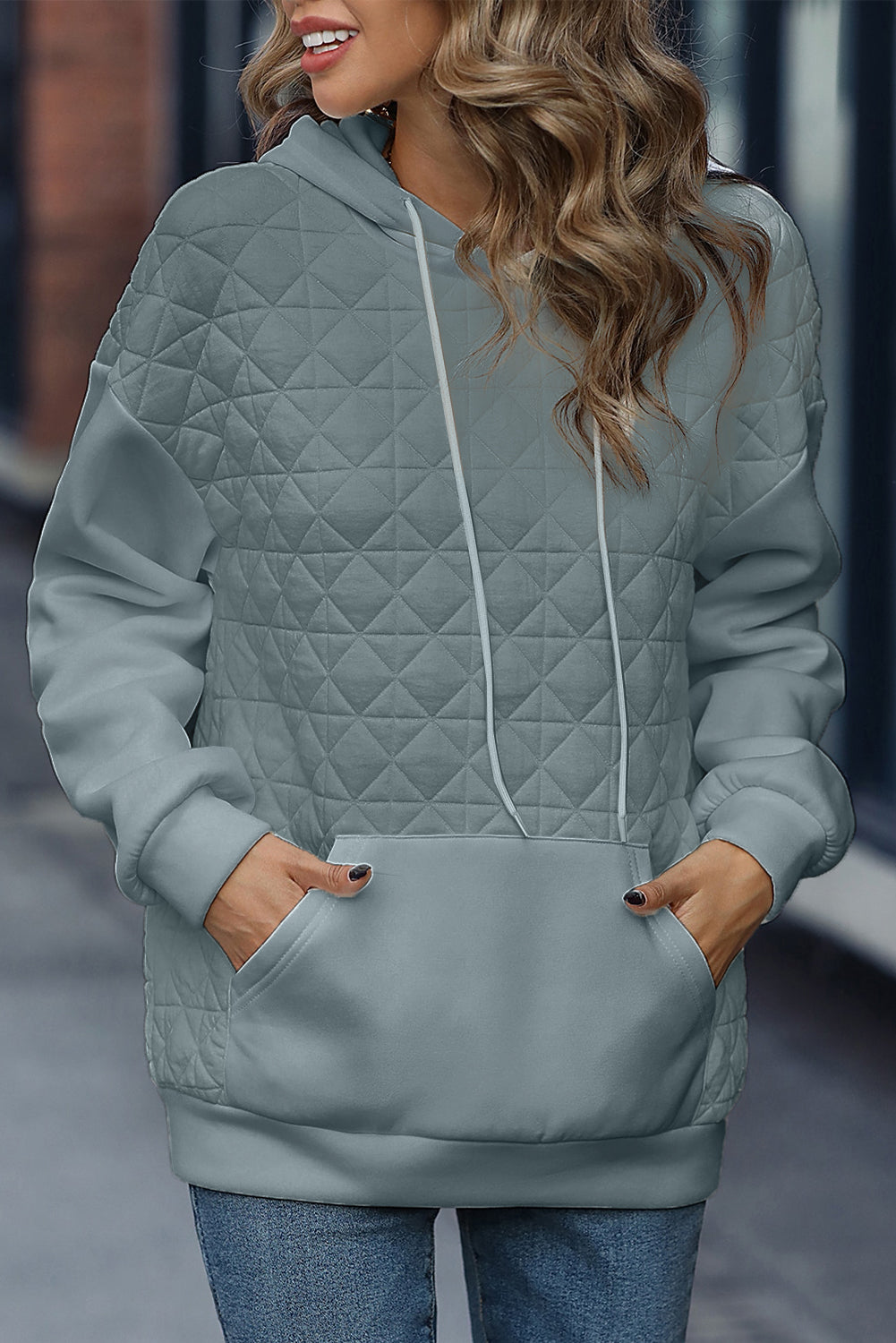 Coffee Solid Color Quilted Kangaroo Pocket Hoodie