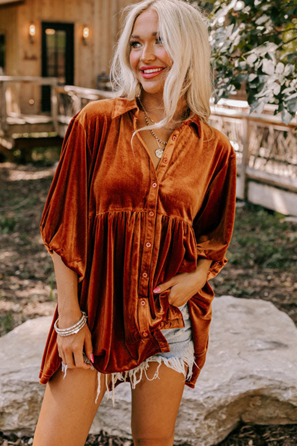 Pale Khaki 3/4 Sleeve Tunic Babydoll Velvet Shirt