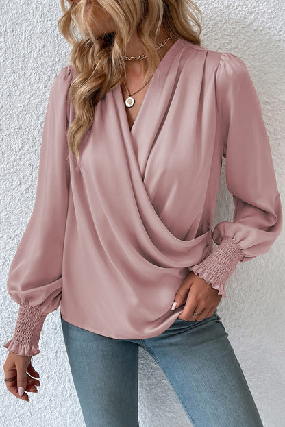 Khaki Solid Surplice Neck Shirred Cuffs Draped Blouse
