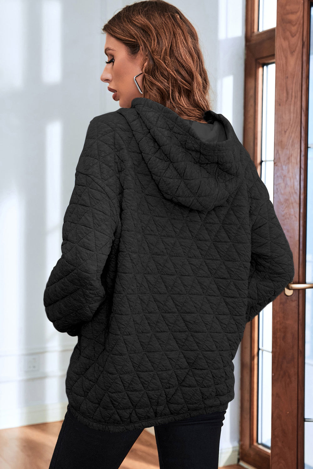 Coffee Solid Color Quilted Kangaroo Pocket Hoodie