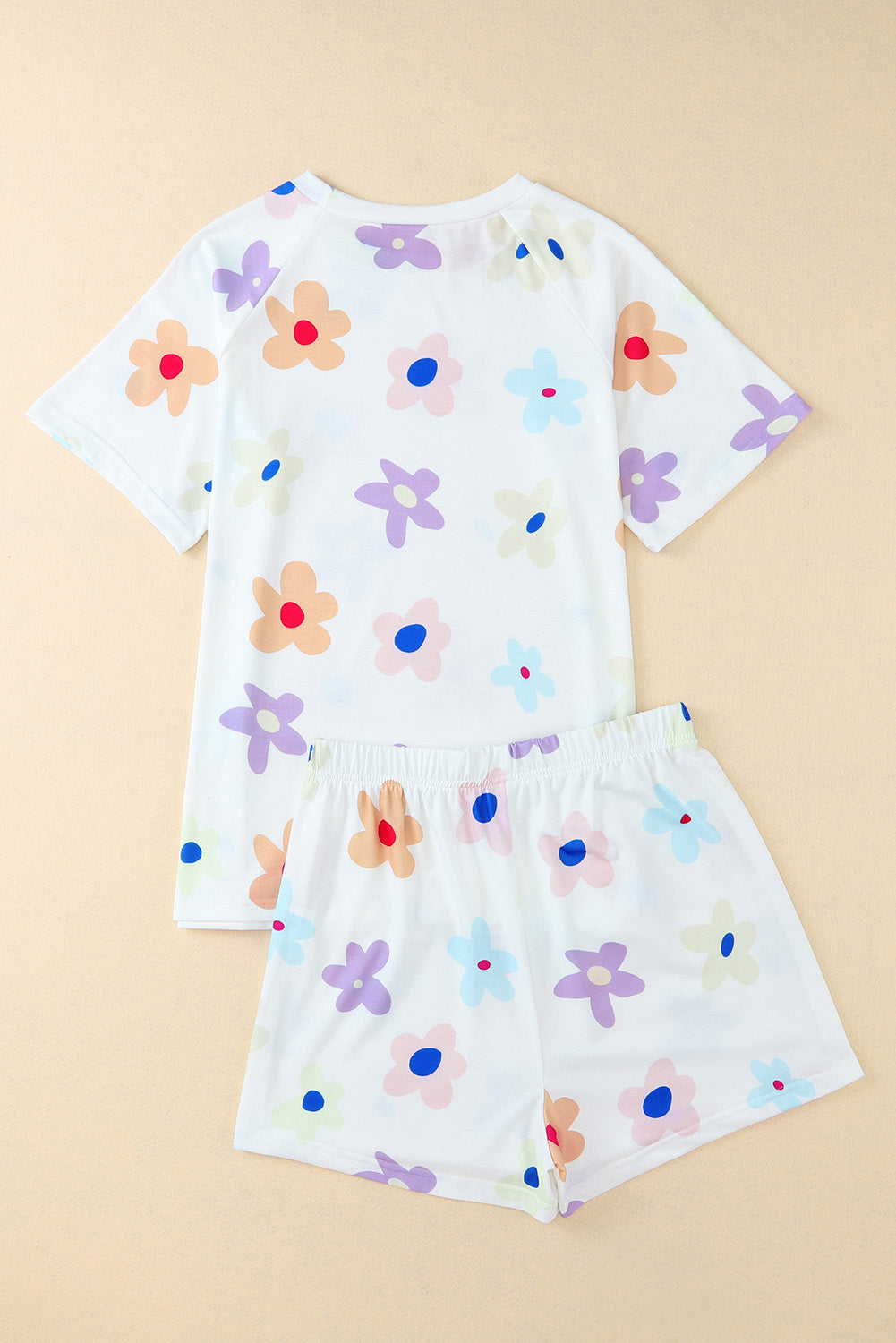 White Floral Long Sleeve Henley Top and Drawstring Shorts Set