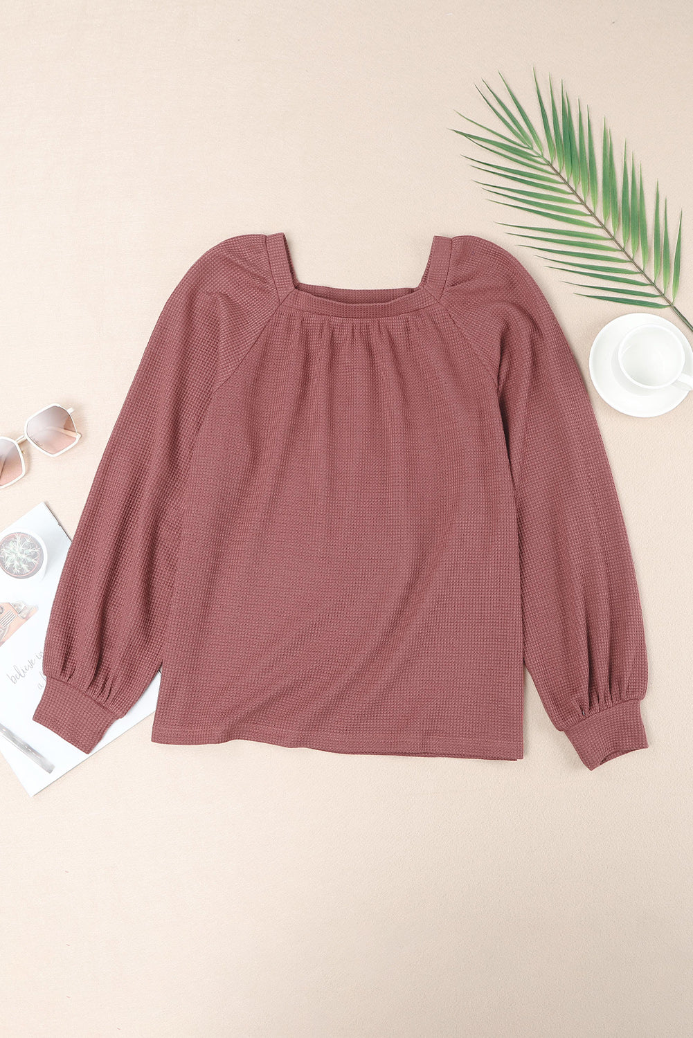 Green Scoop Neck Puff Sleeve Waffle Knit Top