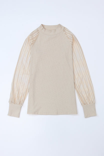 Black Striped Mesh Long Sleeve Crewneck Ribbed Top