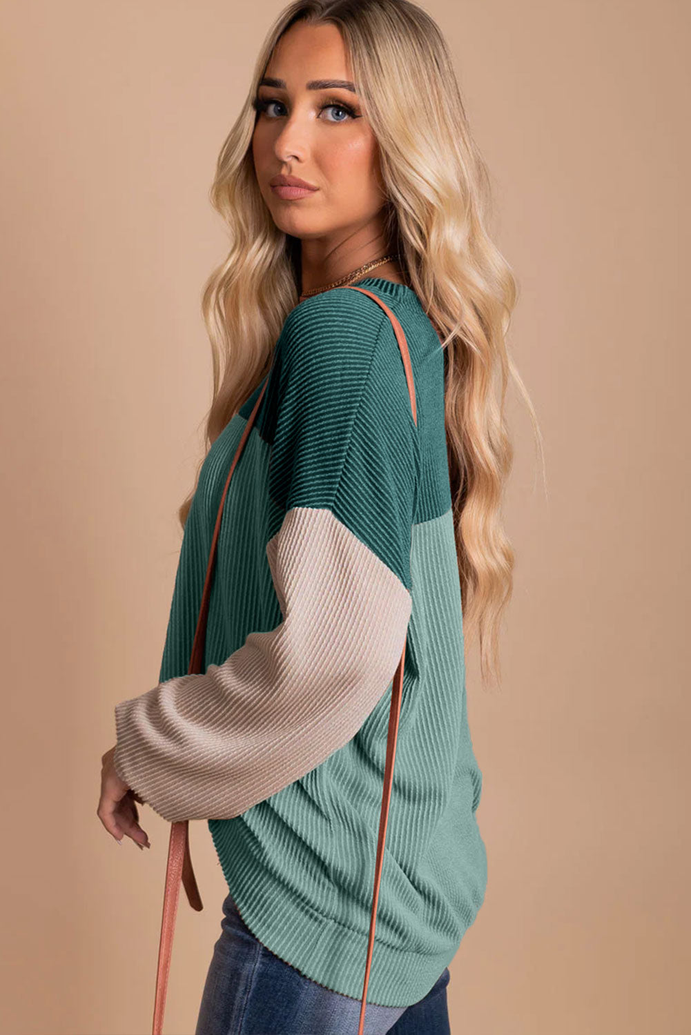 Mineral Red Plus Size Ribbed Colorblock Long Sleeve Top
