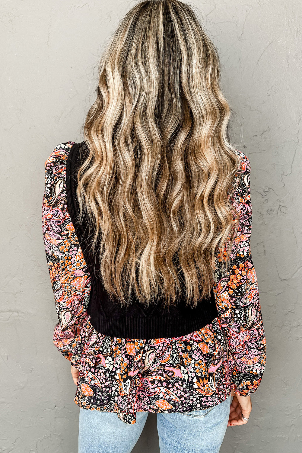 Golden Fleece Floral Patchwork Ruffled Cuff Cable Knit Sweater
