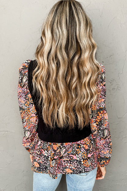 Golden Fleece Floral Patchwork Ruffled Cuff Cable Knit Sweater