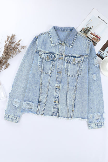 Dark Blue Plus Size Distressed Flap Pocket Denim Jacket