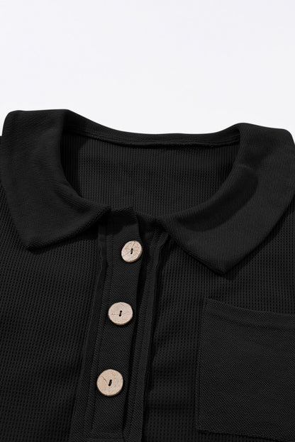 Brown Waffle Knit Buttoned Long Sleeve Top