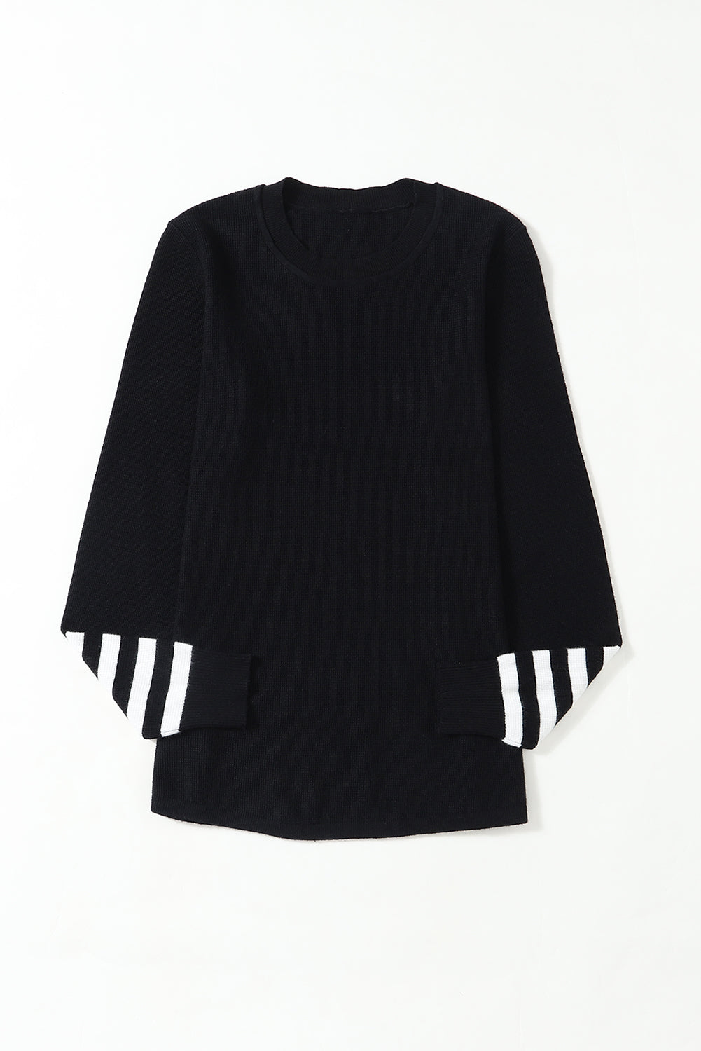 Green Striped Sleeve Plain Knit Sweater
