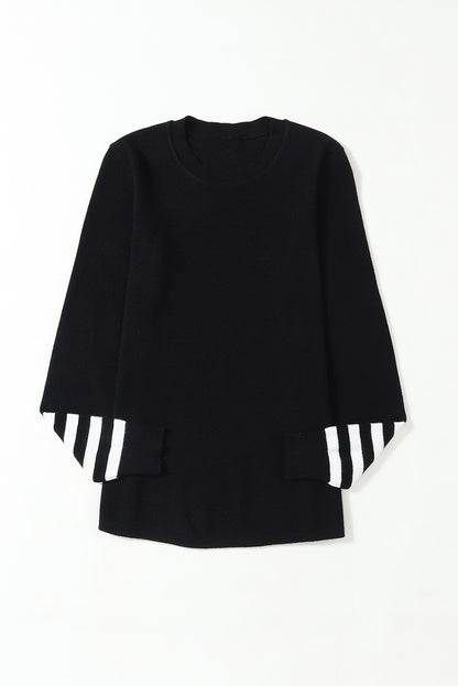 Green Striped Sleeve Plain Knit Sweater