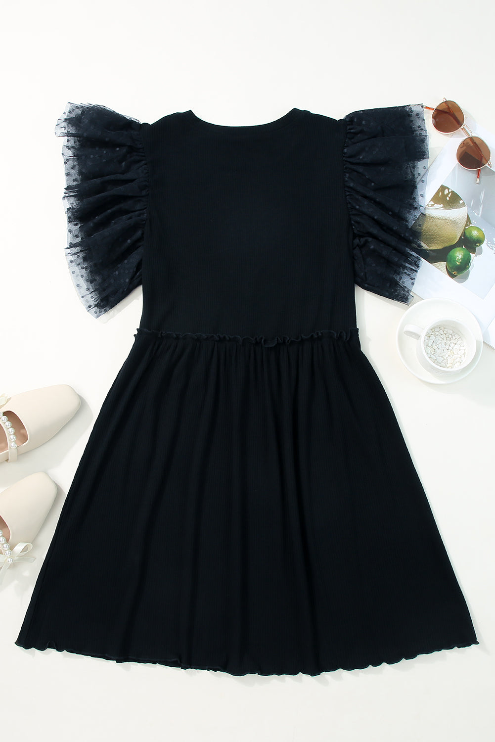 Black Dotty Mesh Ruffle Sleeve Ribbed Knit Top