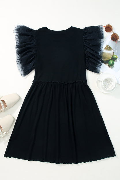 Black Dotty Mesh Ruffle Sleeve Ribbed Knit Top
