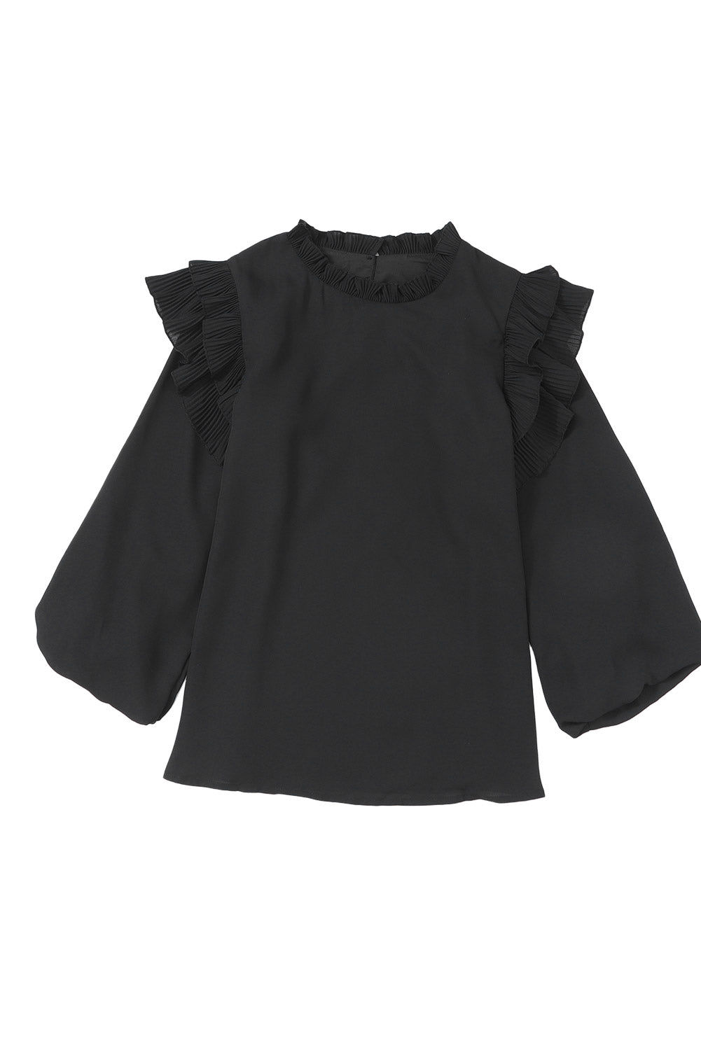 Rose Button Keyhole Back Pleated Ruffle Trim Blouse