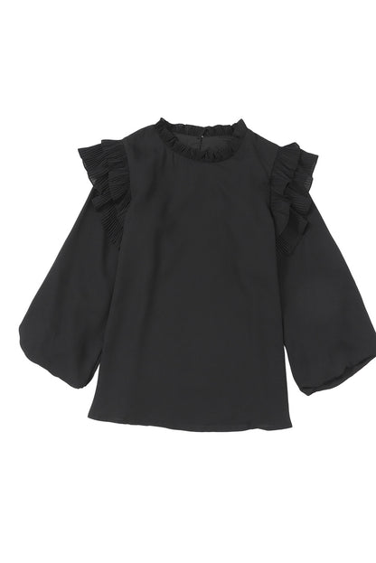 Rose Button Keyhole Back Pleated Ruffle Trim Blouse
