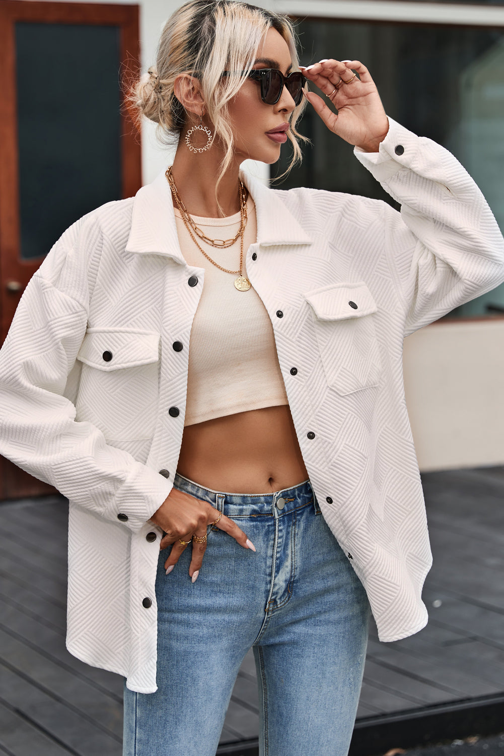 Khaki Solid Textured Flap Pocket Buttoned Shacket