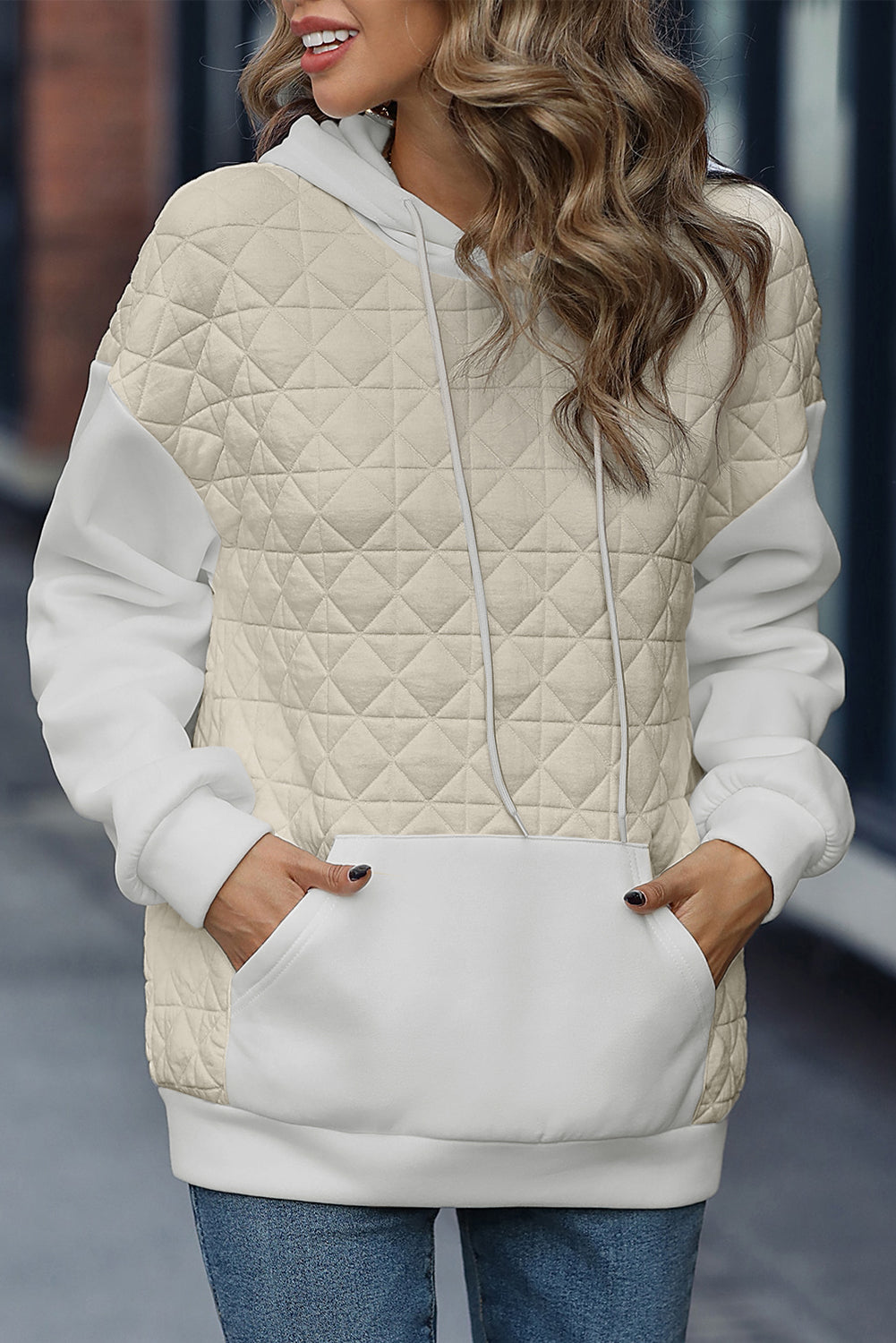Coffee Solid Color Quilted Kangaroo Pocket Hoodie