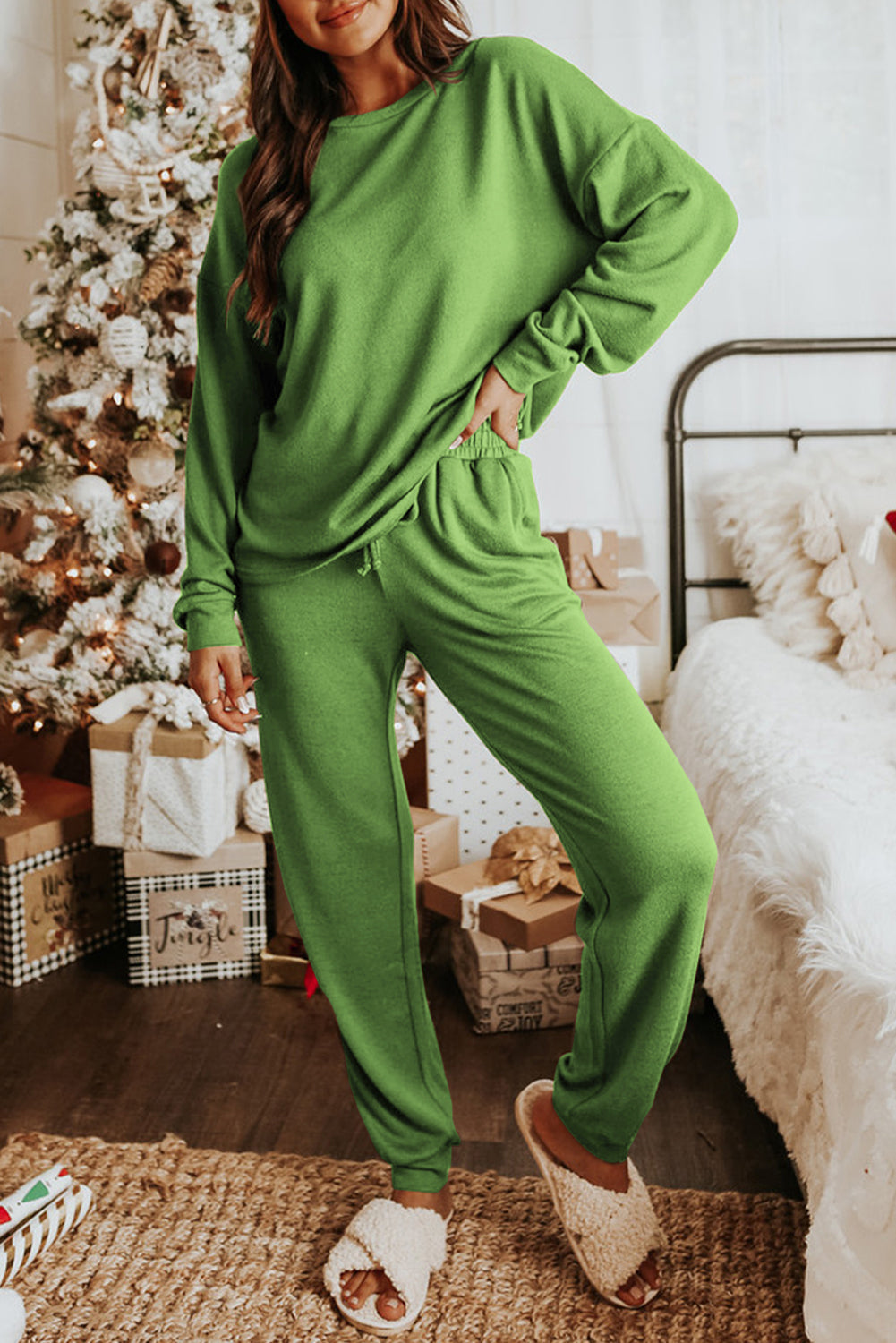 Spinach Green Sequined Christmas Cane Pattern Lounge Sweatsuit