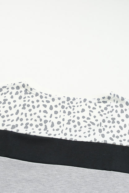 Gray Leopard Colorblock Patchwork Pullover and Shorts Set