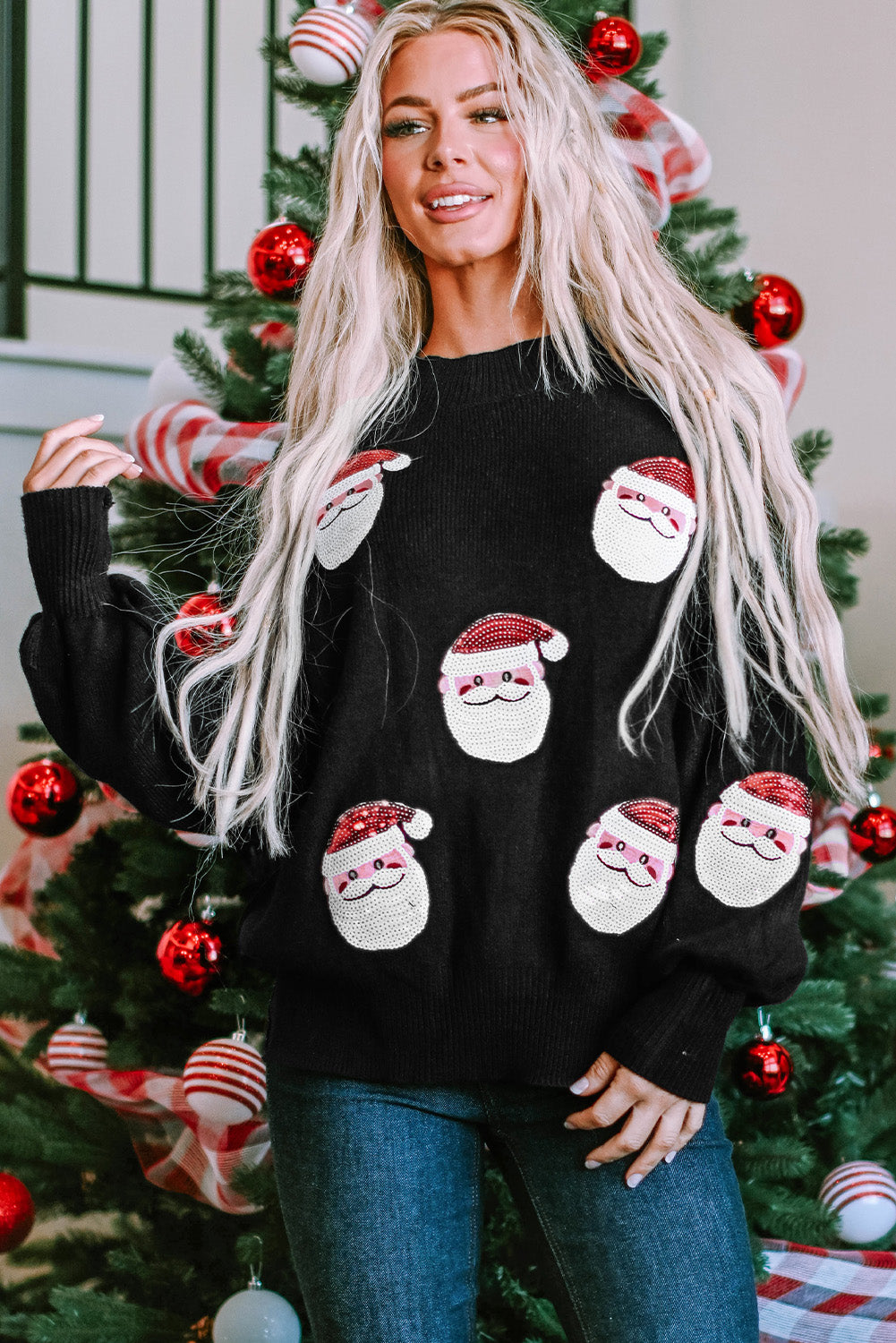 Fiery Red Sequined Christmas Tree Raglan Sleeve Sweatshirt