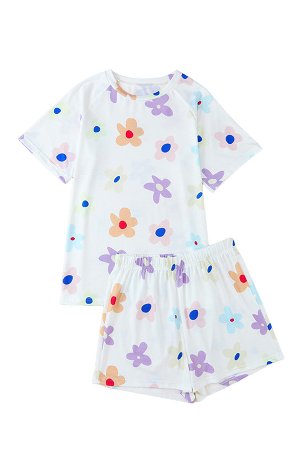 White Floral Long Sleeve Henley Top and Drawstring Shorts Set