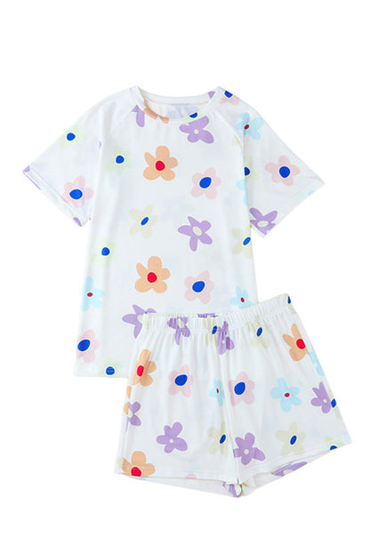 White Floral Long Sleeve Henley Top and Drawstring Shorts Set