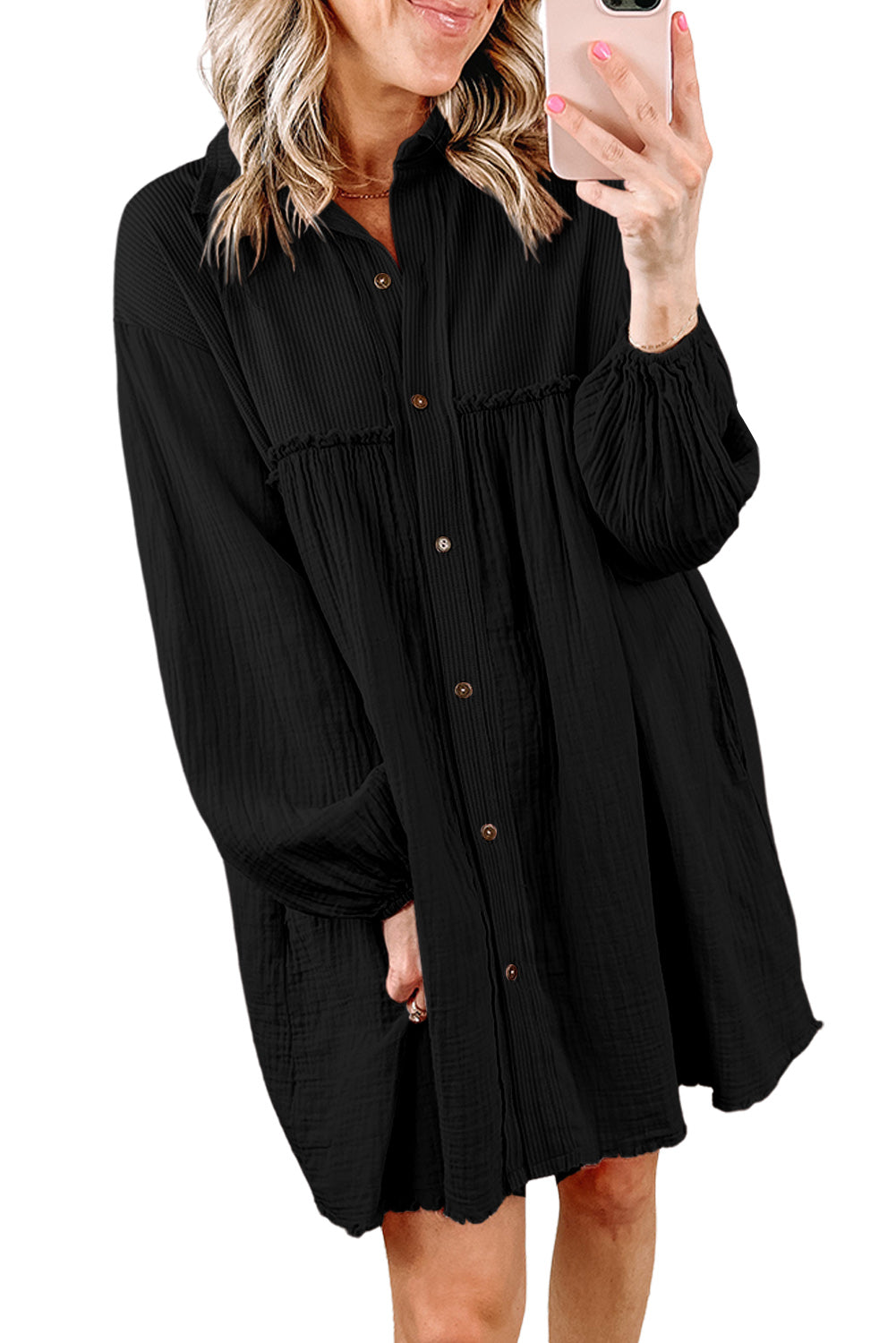 Green Patchwork Crinkle Puff Sleeve Shirt Dress