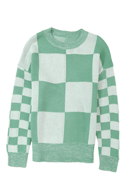 Medium Grey Checkered Print Drop Shoulder Sweater