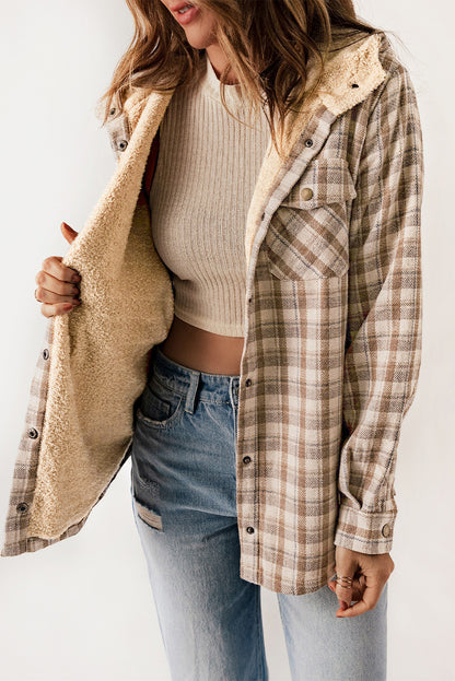 Orange Plaid Pattern Sherpa Lined Hooded Shacket