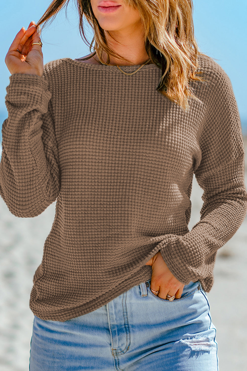 Fiery Red Waffle Knit Drop Shoulder Long Sleeve Top
