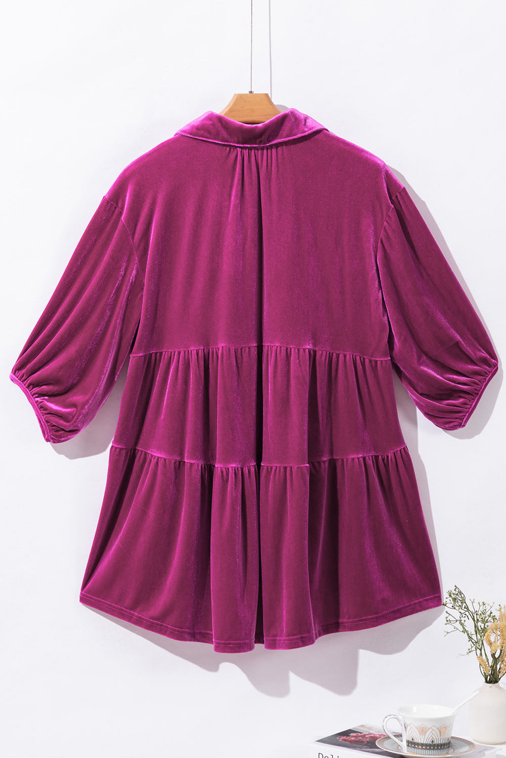 Pale Khaki 3/4 Sleeve Tunic Babydoll Velvet Shirt