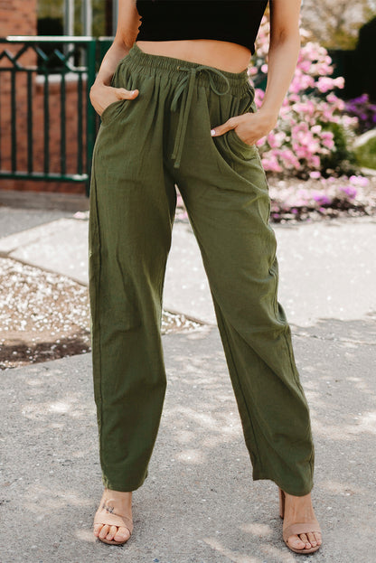 Blue Drawstring Elastic Waist Pockets Long Straight Legs Pants
