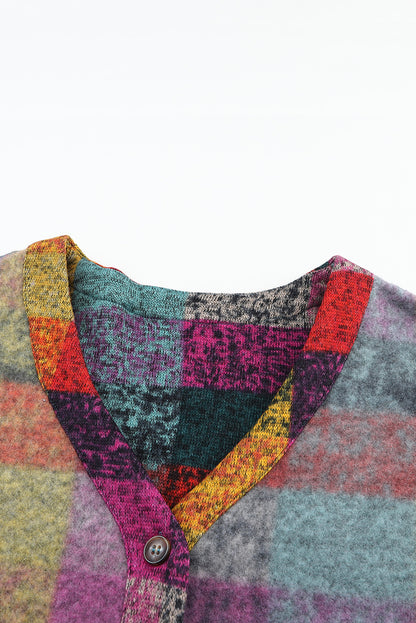 Multicolor Brushed Plaid Buttoned Pullover Oversized Hoodie