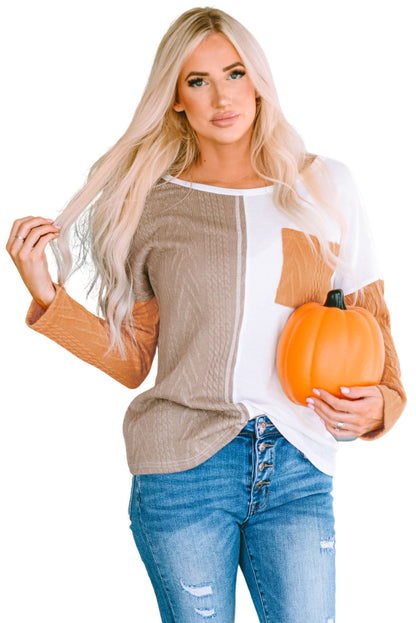 Black Long Sleeve Colorblock Chest Pocket Textured Knit Top